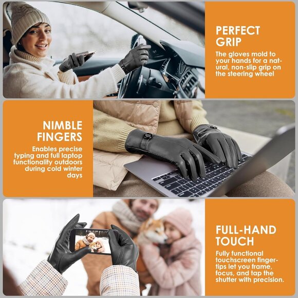 Women's Winter Leather Gloves Texting Warm Driving Lambskin Gloves Grey - Picture 7 of 7
